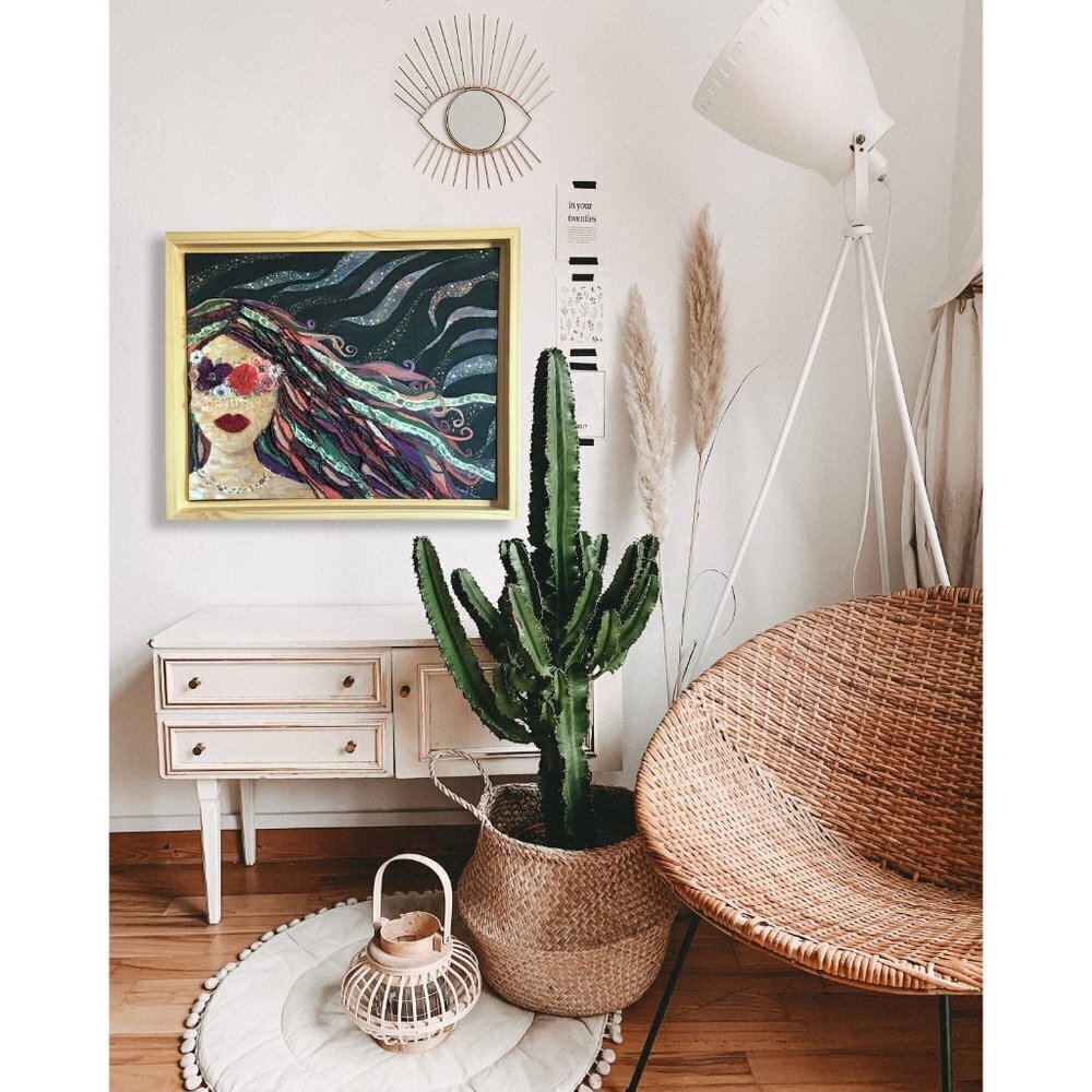 Boho Painting with Embroidered Flowers, Girl Mother Nature Art, Witchy Decor - Picture 3 of 12